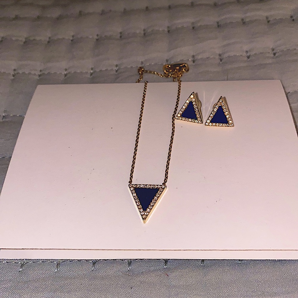 Michael Kors Navy Triangle Pendant Necklace and Stud Earring Set